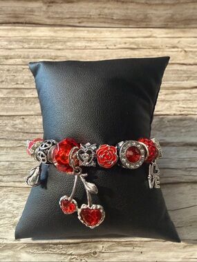 Silver Red Cherry Charm Bracelet W/ Rhinestones & "Love" Charm Stainless Steel